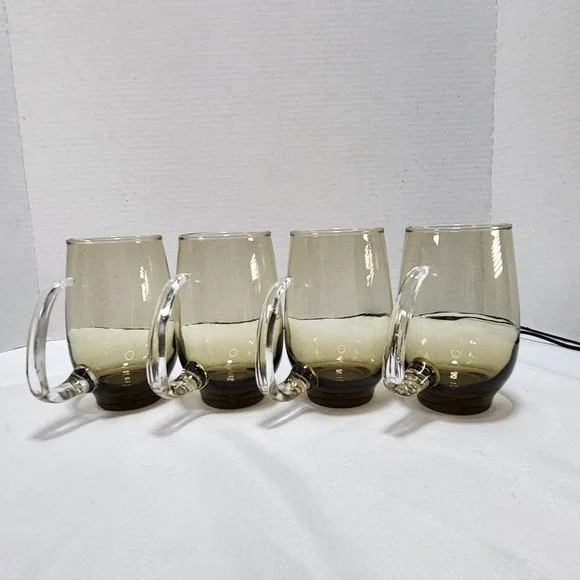 Vintage 1970's 1980's Smoked glasses Libbey Tempo Mug Clear Handle Set of 4 - Picture 2 of 7